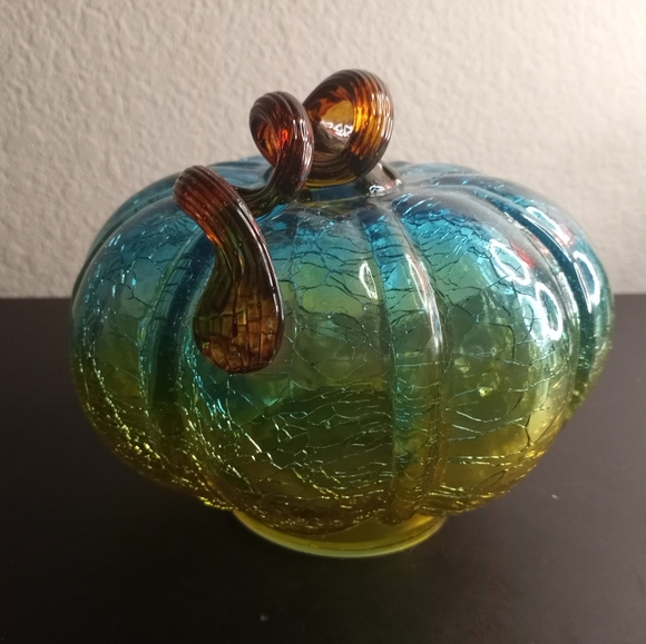 VTG Crackled Blue/Yellow 6" Glass Pumpkin likely Blenko STUNNING. - Picture 3 of 6
